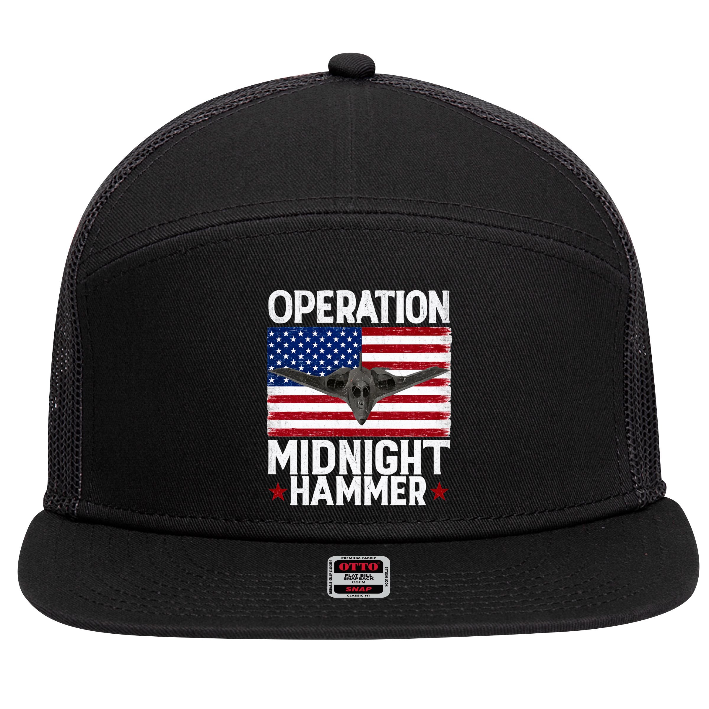 B-2 Stealth Jet Operation Midnight Hammer American Flag 7 Panel Mesh Trucker Snapback Hat