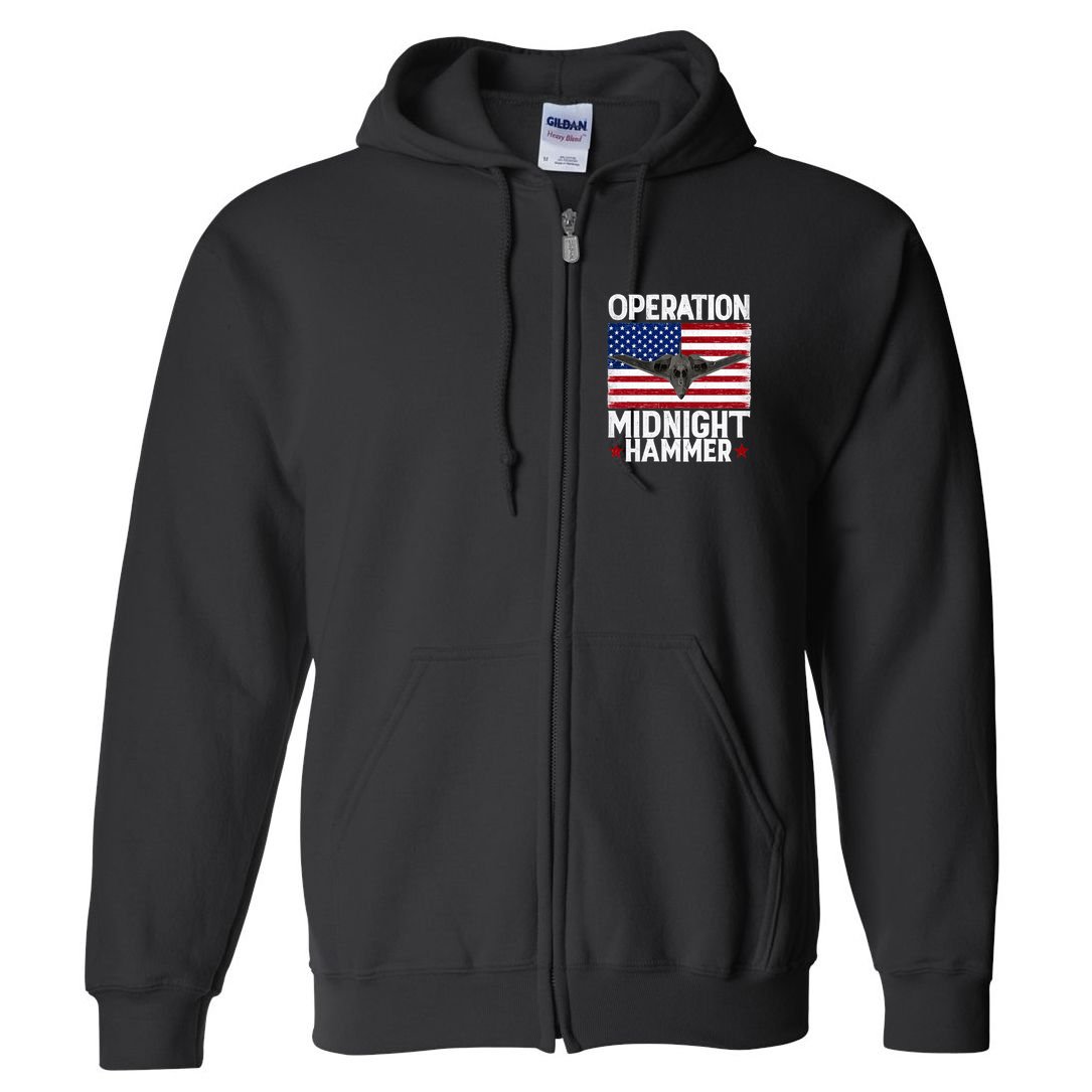 B-2 Stealth Jet Operation Midnight Hammer American Flag Full Zip Hoodie