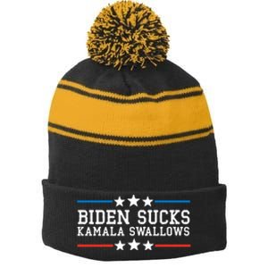 Biden Sucks Kamala Swallows Funny Biden And Kamala Stripe Pom Pom Beanie