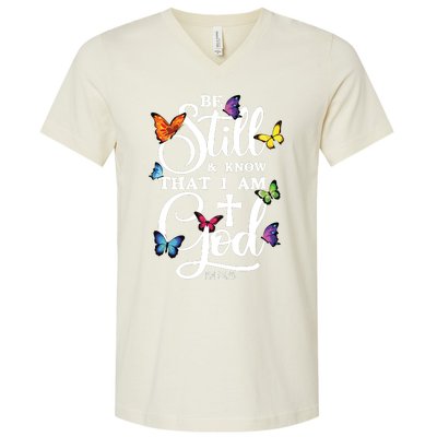 Be Still Know That I Am God Butterfly Art Religious V-Neck T-Shirt