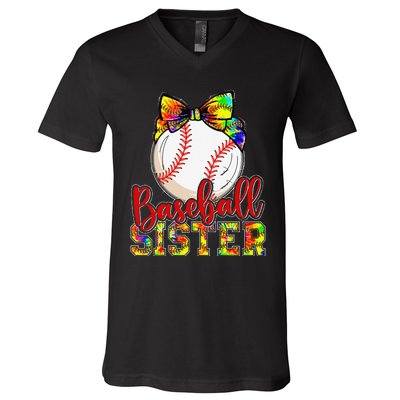 Baseball Sister Leopard Tie Dye Funny Mothers Day V-Neck T-Shirt