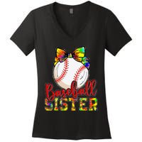 Baseball Sister Leopard Tie Dye Funny Mothers Day Women's V-Neck T-Shirt