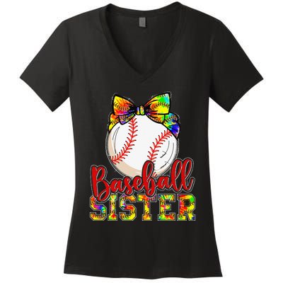 Baseball Sister Leopard Tie Dye Funny Mothers Day Women's V-Neck T-Shirt