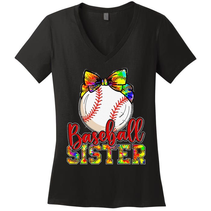 Baseball Sister Leopard Tie Dye Funny Mothers Day Women's V-Neck T-Shirt