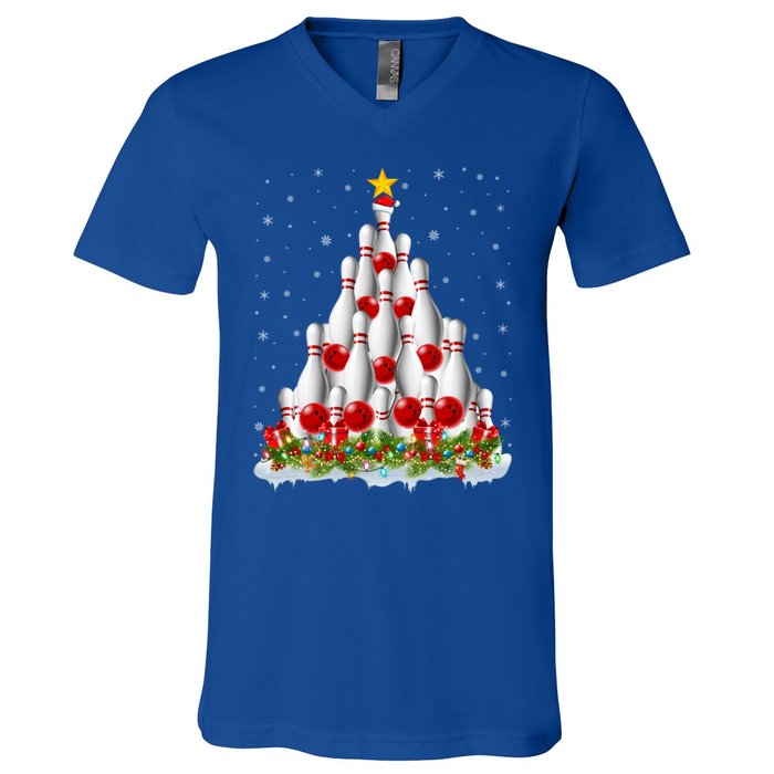 Bowling Sports Lover Xmas Tree Santa Christmas Bowling Gift V-Neck T-Shirt