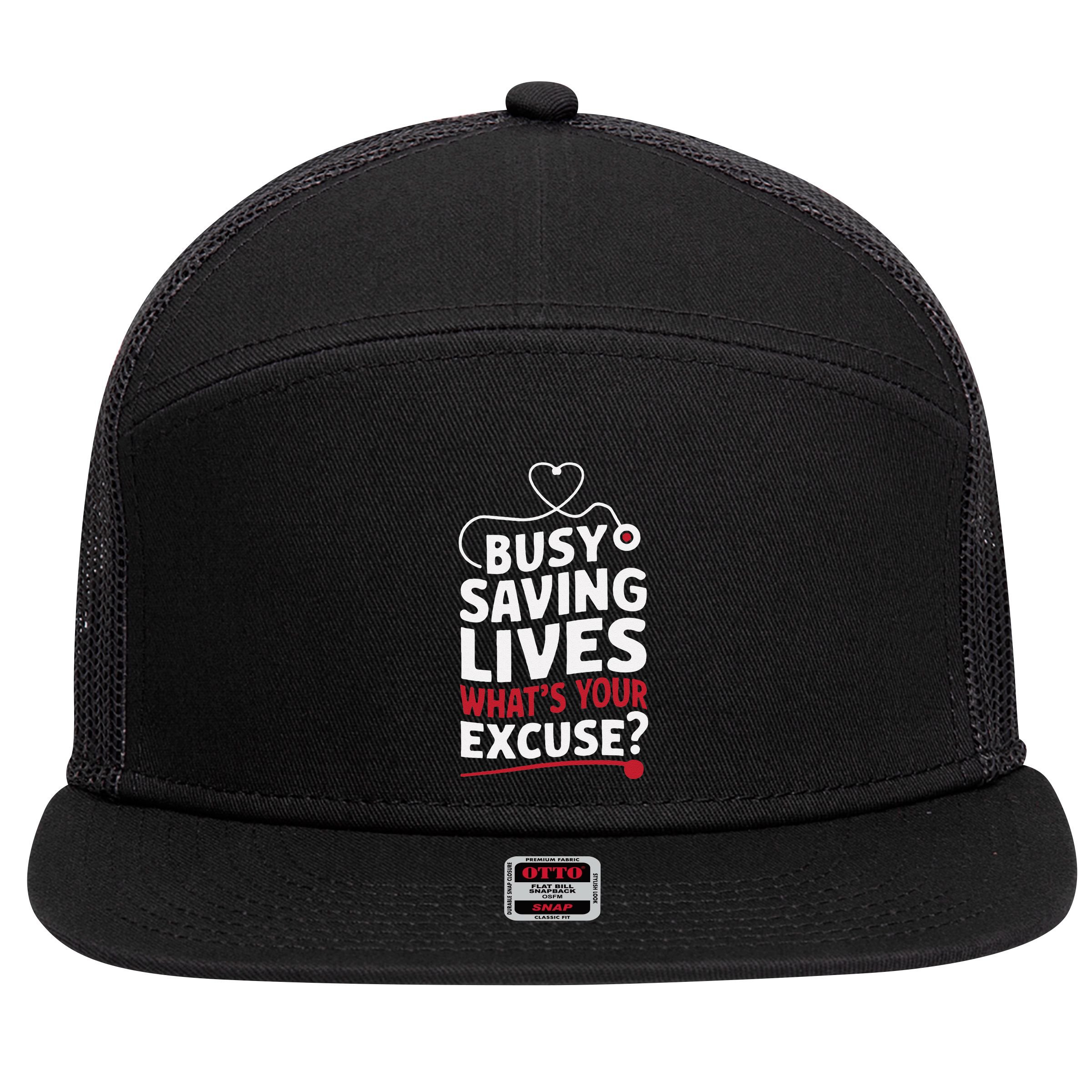 Busy Saving Lives What’S Your Excuse Icu Nurse 7 Panel Mesh Trucker Snapback Hat