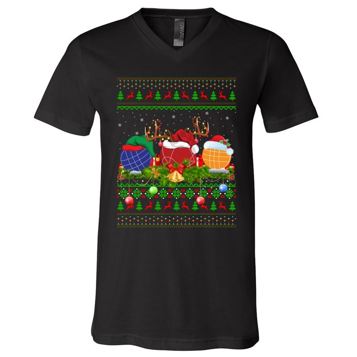 Bocce Sports Lover Xmas Santa Ugly Bocce Christmas Long Sleeve V-Neck T-Shirt