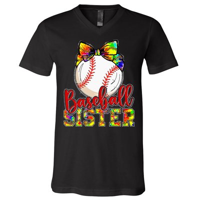 Baseball Sister Leopard Tie Dye Funny Mothers Day Girl Women V-Neck T-Shirt