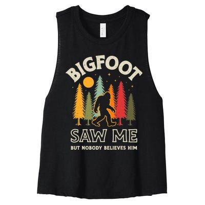 Bigfoot Saw Me But Nobody Believes Him Funny Sasquatch Retro Women's Racerback Cropped Tank