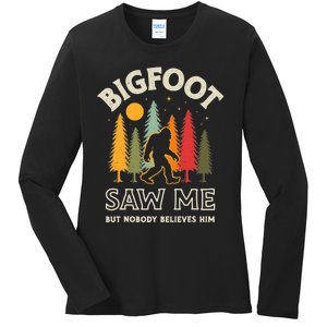 Bigfoot Saw Me But Nobody Believes Him Funny Sasquatch Retro Ladies Long Sleeve Shirt