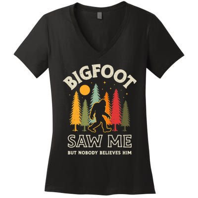 Bigfoot Saw Me But Nobody Believes Him Funny Sasquatch Retro Women's V-Neck T-Shirt