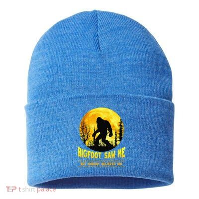 Bigfoot Saw Me Nobody Believes Him Funny Halloween Costume Sustainable Knit Beanie
