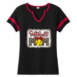 Bleached Softball Mom Leopard Baseball Mom Women Mothers Day Ladies Halftime Notch Neck Tee