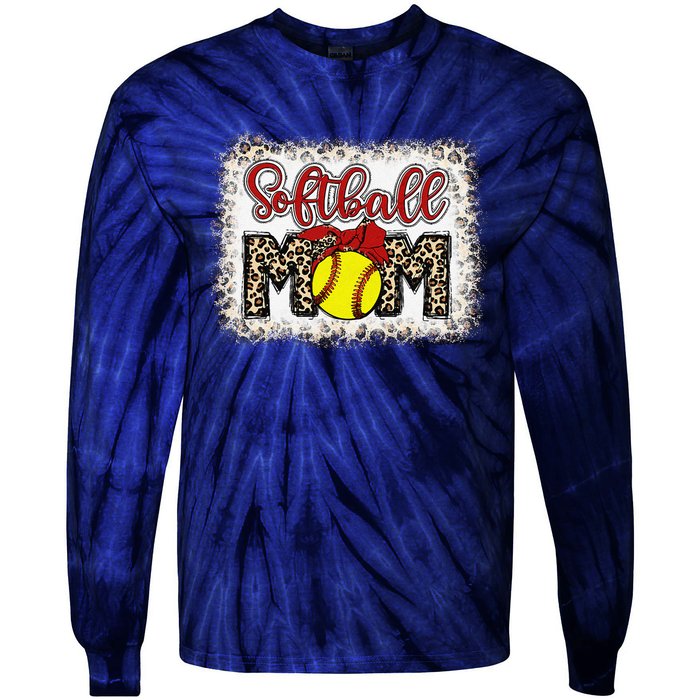 Bleached Softball Mom Leopard Baseball Mom Women Mothers Day Tie-Dye Long Sleeve Shirt