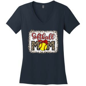 Bleached Softball Mom Leopard Baseball Mom Women Mothers Day Women's V-Neck T-Shirt