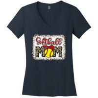 Bleached Softball Mom Leopard Baseball Mom Women Mothers Day Women's V-Neck T-Shirt