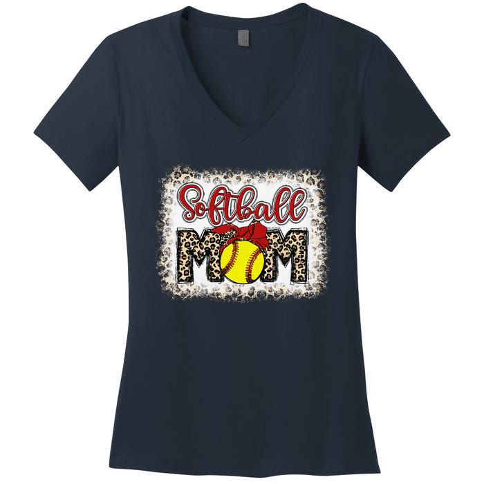 Bleached Softball Mom Leopard Baseball Mom Women Mothers Day Women's V-Neck T-Shirt