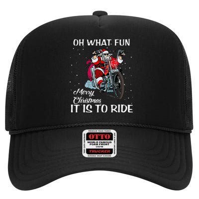 Biker Santa Motorcycle Fan Merry Christmas Xmas Holidays High Crown Mesh Back Trucker Hat