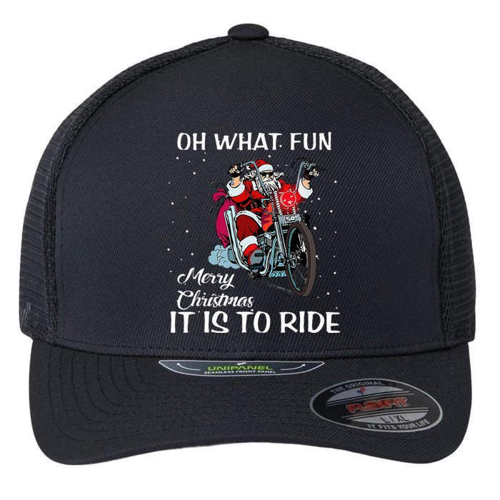 Biker Santa Motorcycle Fan Merry Christmas Xmas Holidays Flexfit Unipanel Trucker Cap