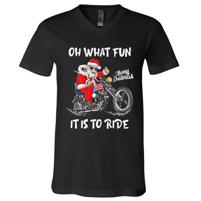 Biker Santa Motorcycle Fan Merry Christmas Xmas Holidays V-Neck T-Shirt