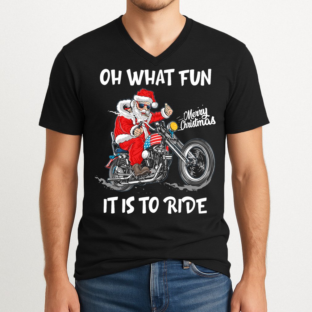Biker Santa Motorcycle Fan Merry Christmas Xmas Holidays V-Neck T-Shirt