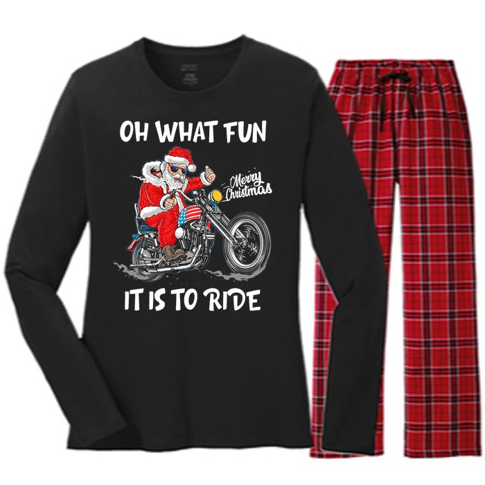 Biker Santa Motorcycle Fan Merry Christmas Xmas Holidays Women's Long Sleeve Flannel Pajama Set 