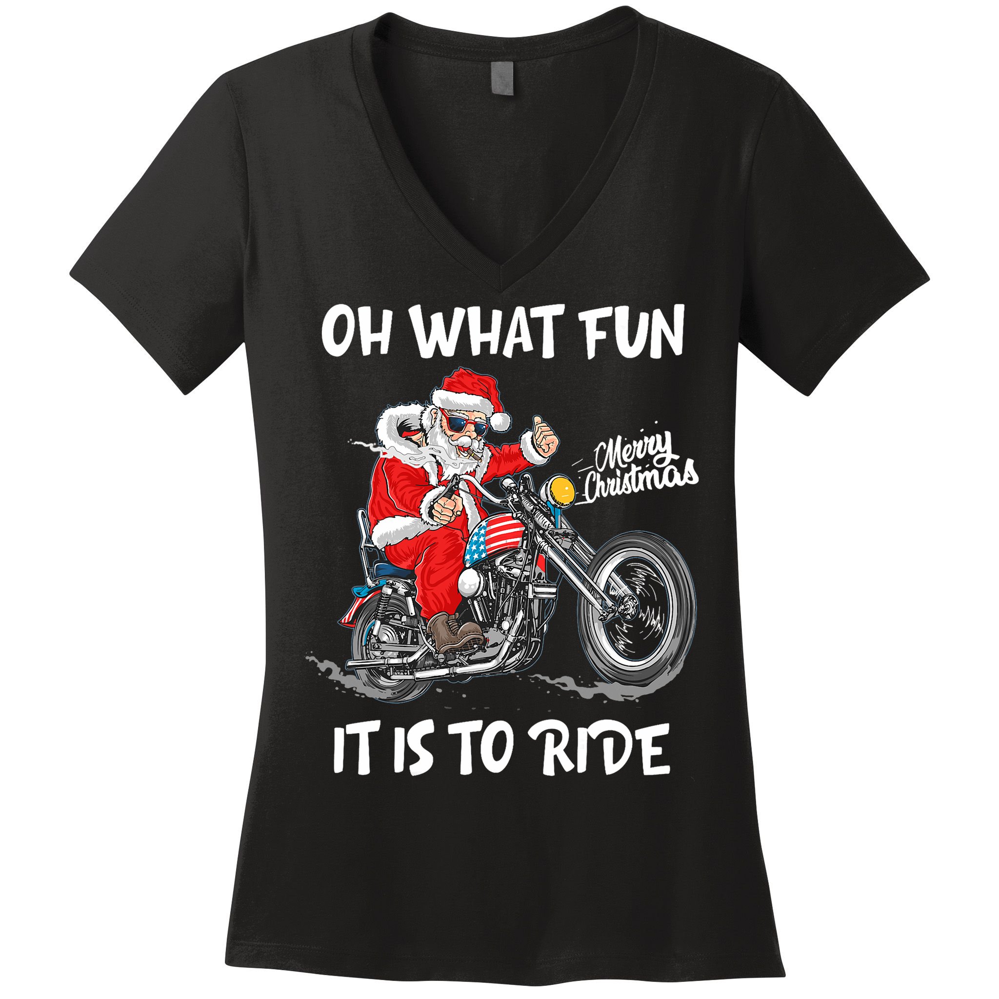 Biker Santa Motorcycle Fan Merry Christmas Xmas Holidays Women's V-Neck T-Shirt