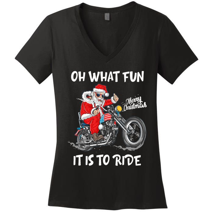 Biker Santa Motorcycle Fan Merry Christmas Xmas Holidays Women's V-Neck T-Shirt