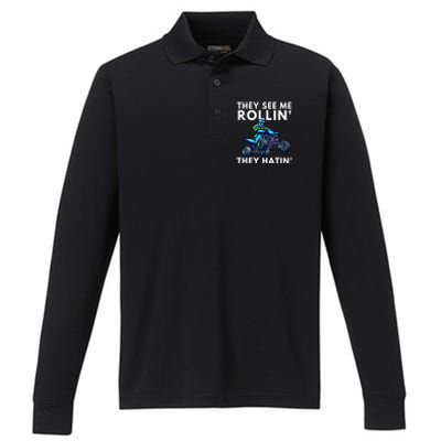 Biker-They See Me Rollin They Hatin ATV Bike - Quad Bike Performance Long Sleeve Polo