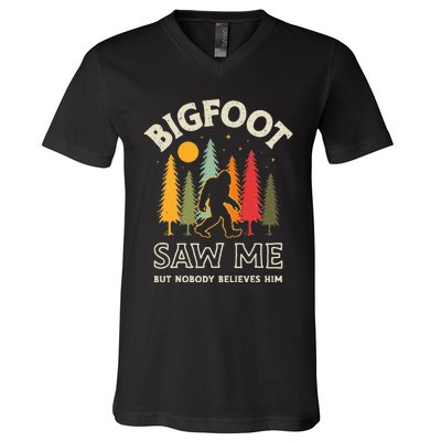 Bigfoot Saw Me But Nobody Believes Him Funny Sasquatch Retro V-Neck T-Shirt