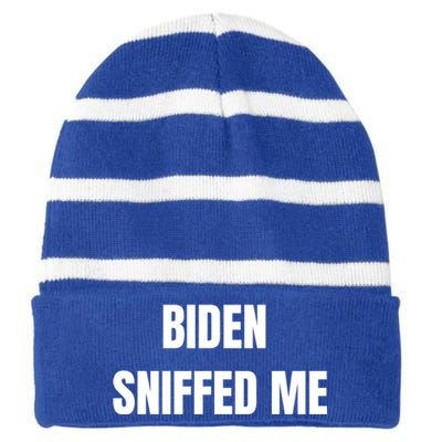 Biden Sniffed Me Funny Biden Trump 2020 Political Funny Gift Striped Beanie with Solid Band