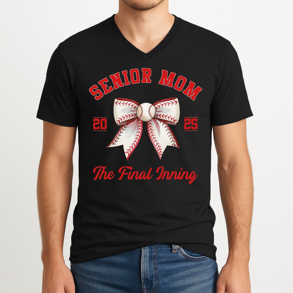 Baseball Senior Mom Coquette Bow Class Of 2025 Final Inning V-Neck T-Shirt