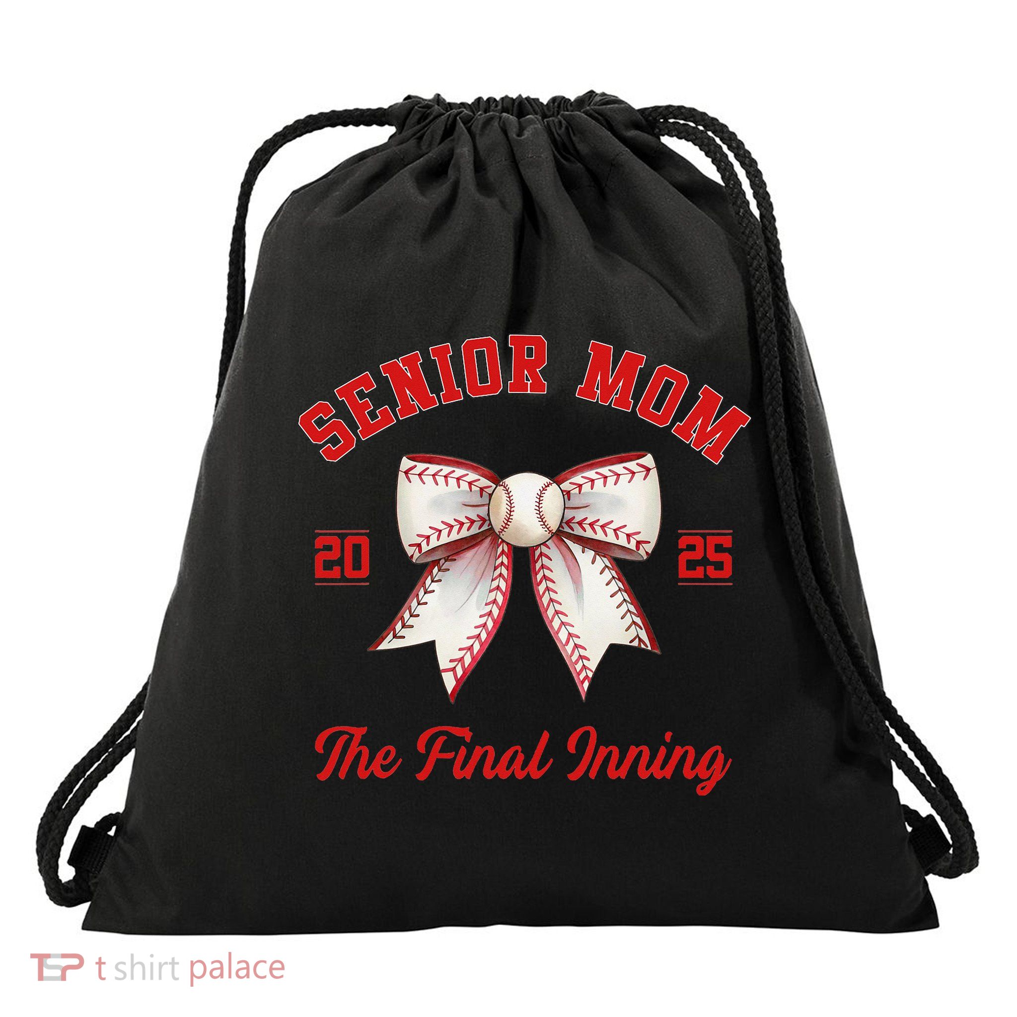 Baseball Senior Mom Coquette Bow Class Of 2025 Final Inning Drawstring Bag