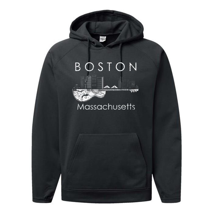 Boston Souvenir Massachusetts Skyline Music Guitar Performance Fleece Hoodie