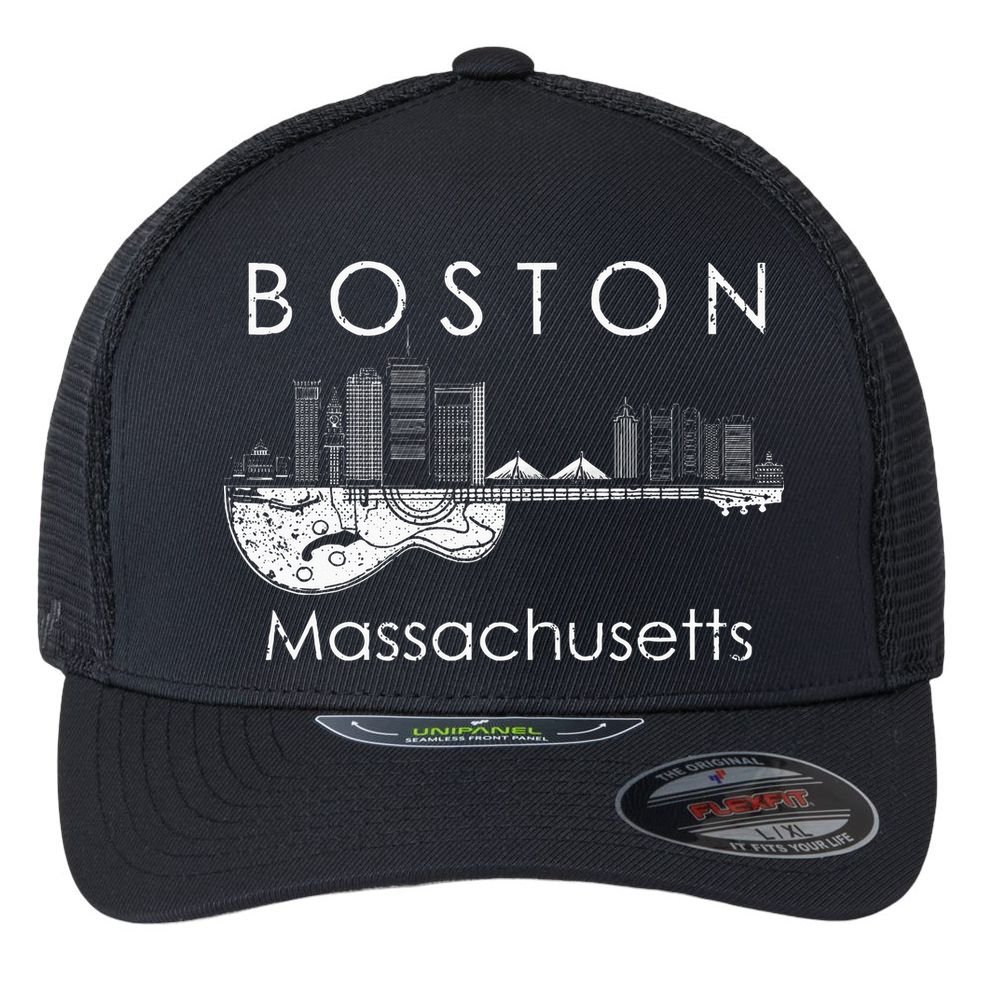 Boston Souvenir Massachusetts Skyline Music Guitar Flexfit Unipanel Trucker Cap