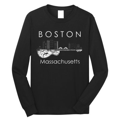 Boston Souvenir Massachusetts Skyline Music Guitar Long Sleeve Shirt