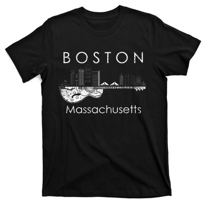 Boston Souvenir Massachusetts Skyline Music Guitar T-Shirt