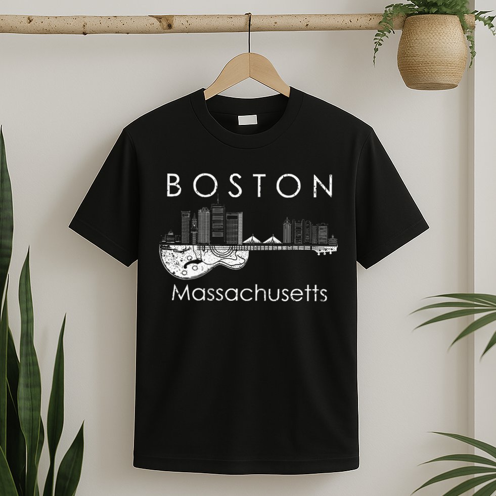 Boston Souvenir Massachusetts Skyline Music Guitar T-Shirt