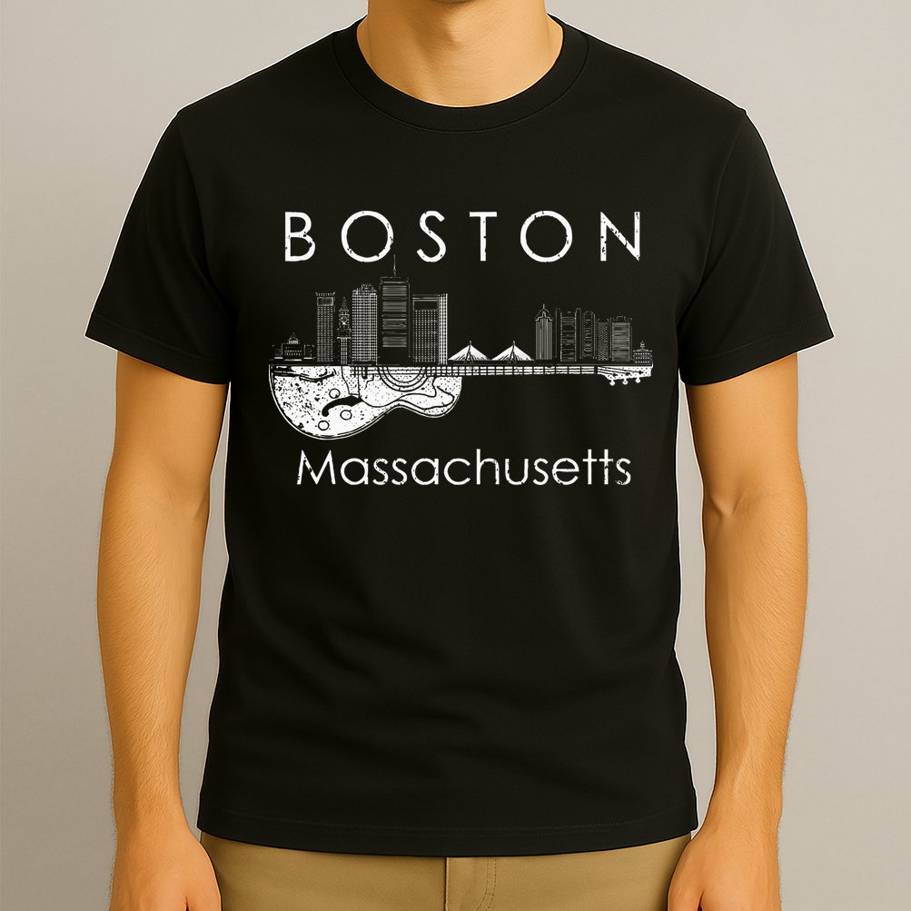 Boston Souvenir Massachusetts Skyline Music Guitar T-Shirt