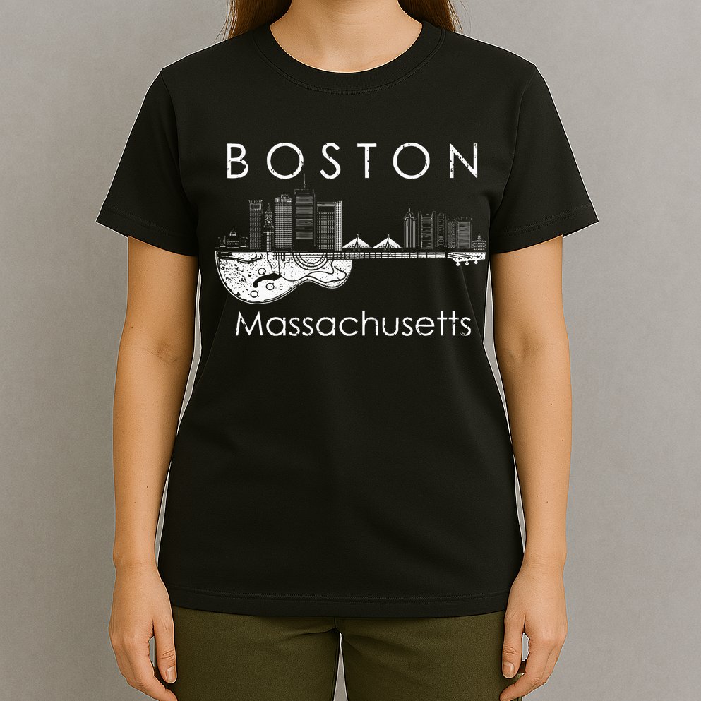 Boston Souvenir Massachusetts Skyline Music Guitar T-Shirt