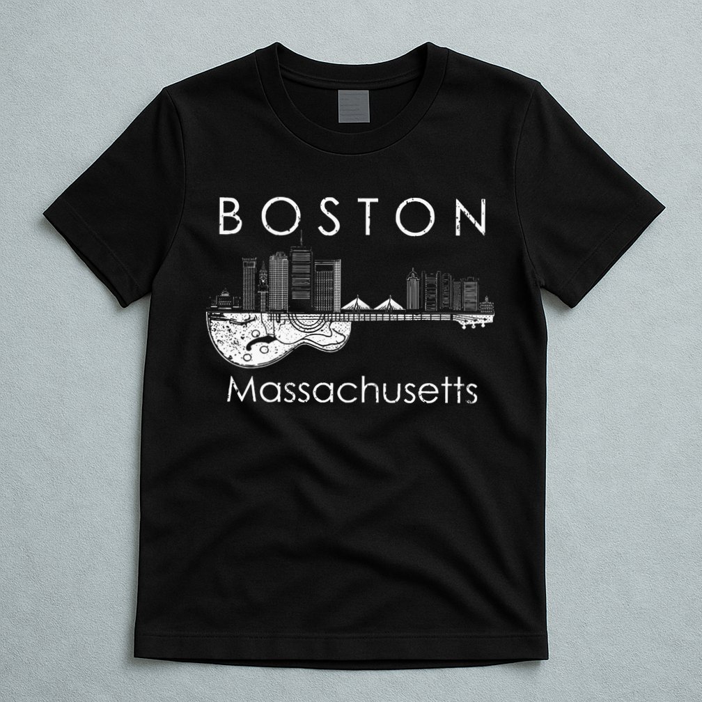 Boston Souvenir Massachusetts Skyline Music Guitar T-Shirt