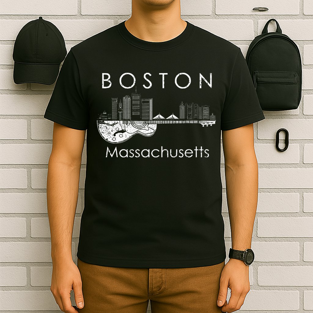 Boston Souvenir Massachusetts Skyline Music Guitar T-Shirt