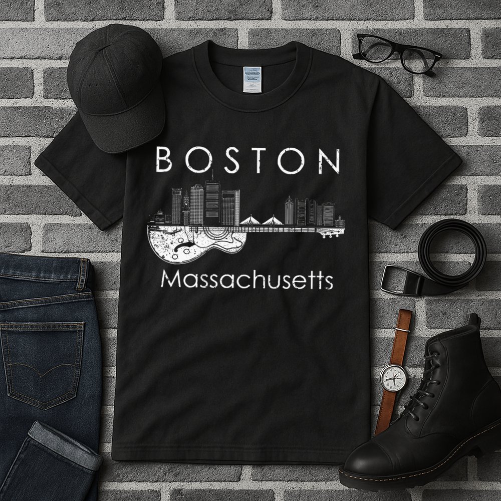 Boston Souvenir Massachusetts Skyline Music Guitar Tall T-Shirt