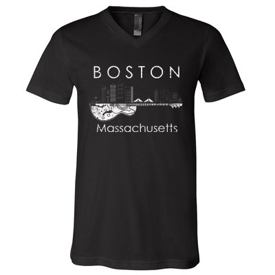 Boston Souvenir Massachusetts Skyline Music Guitar V-Neck T-Shirt