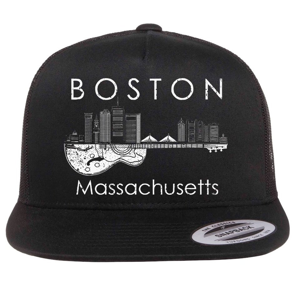 Boston Souvenir Massachusetts Skyline Music Guitar Flat Bill Trucker Hat