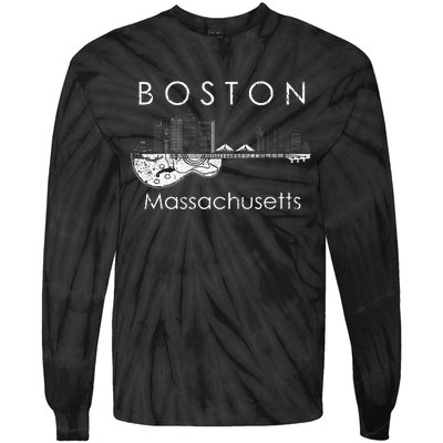 Boston Souvenir Massachusetts Skyline Music Guitar Tie-Dye Long Sleeve Shirt