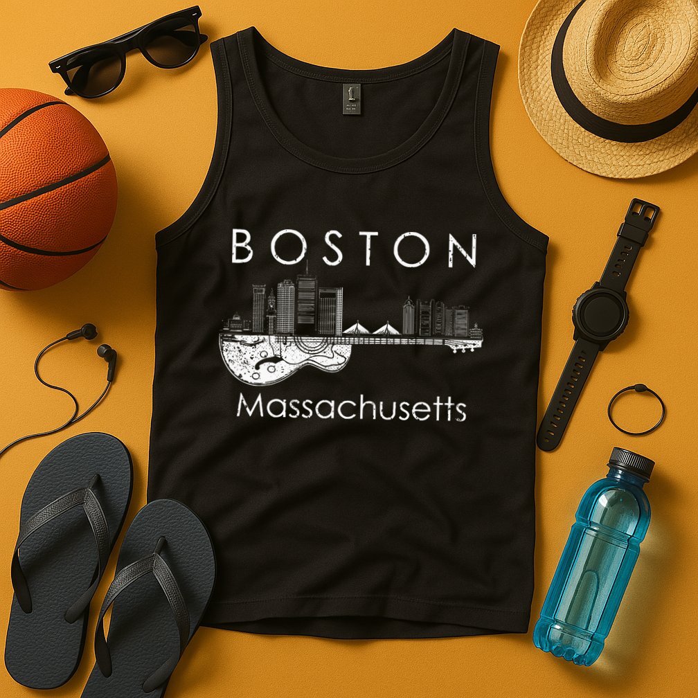 Boston Souvenir Massachusetts Skyline Music Guitar Tank Top