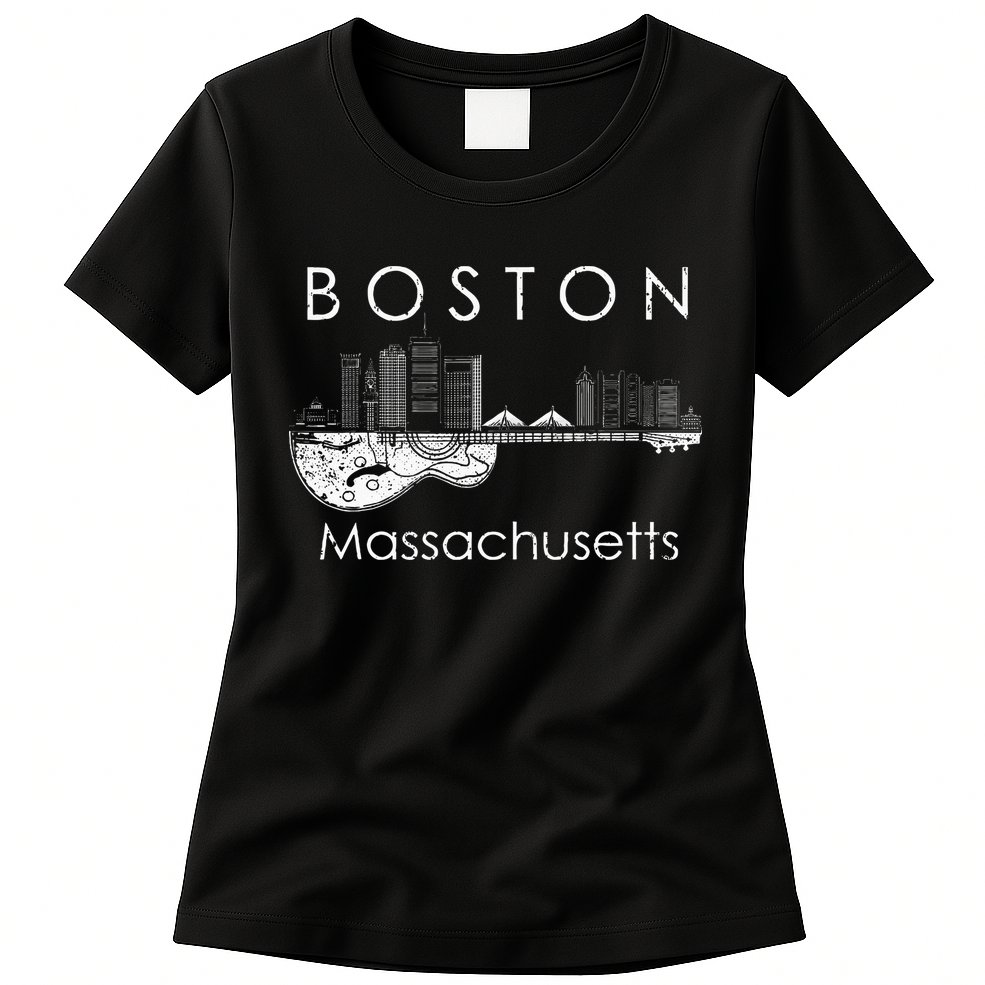 Boston Souvenir Massachusetts Skyline Music Guitar Womens T-Shirt