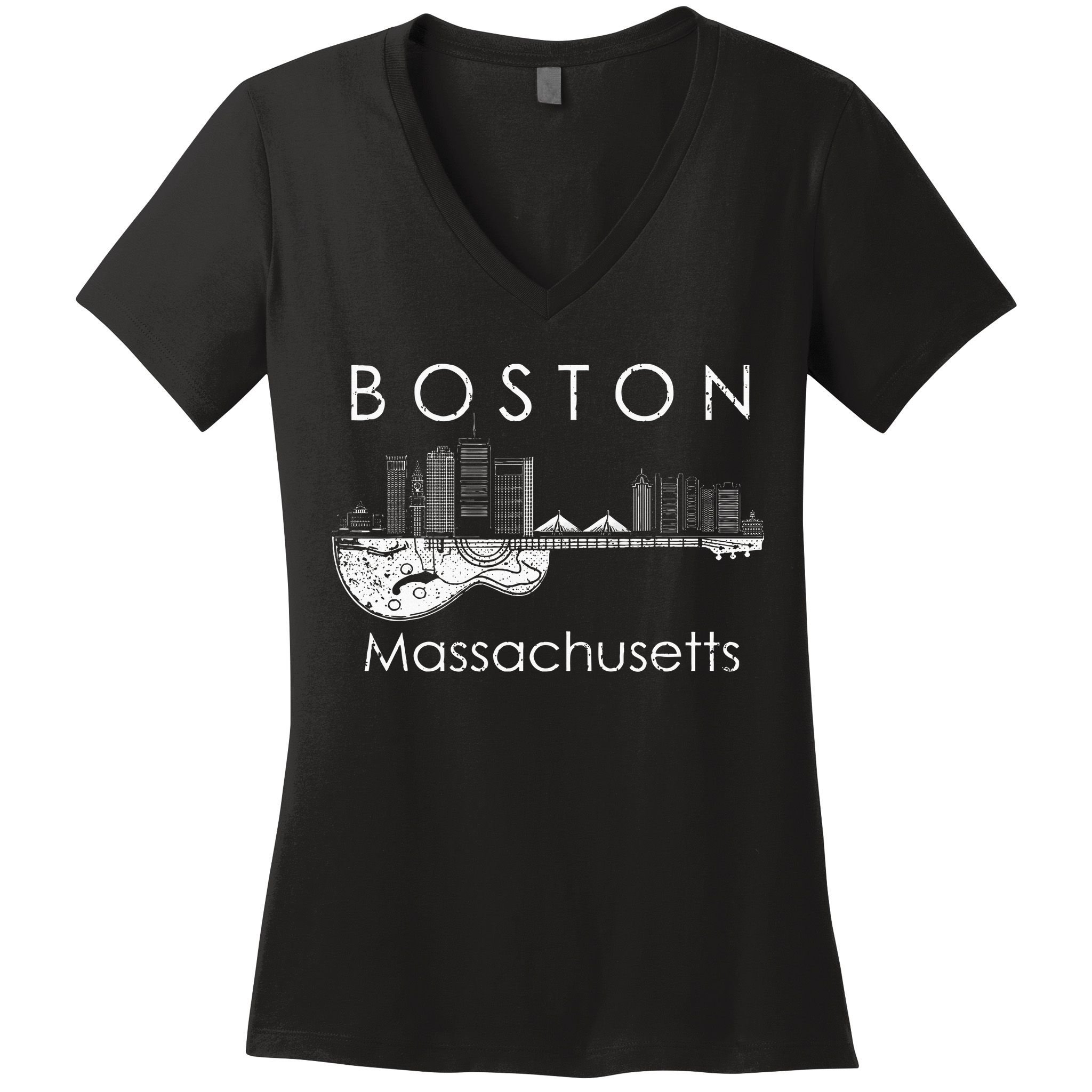 Boston Souvenir Massachusetts Skyline Music Guitar Women's V-Neck T-Shirt