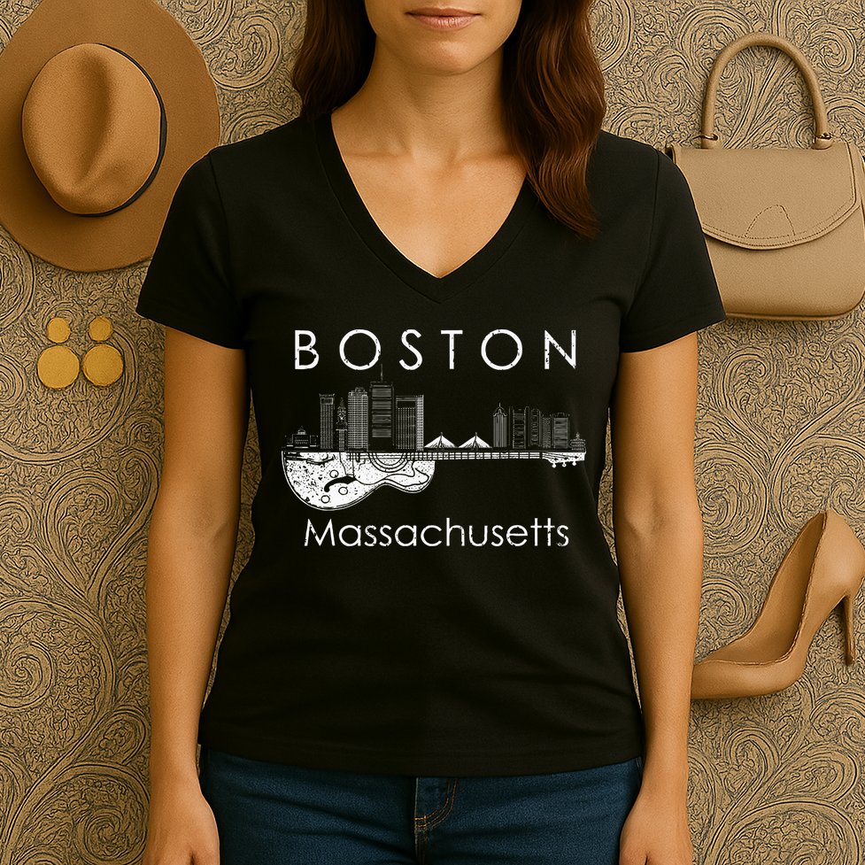 Boston Souvenir Massachusetts Skyline Music Guitar Women's V-Neck T-Shirt